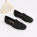 Elegant black knitted flat shoes for women with a comfortable square toe design - Black
