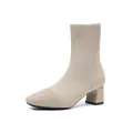 Elegant beige knitted sock boots with chunky mid-heel and breathable elastic fabric - 35 / Square Toe Chunky Heel Sock Boots / Apricot