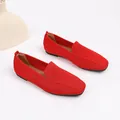 Comfortable red knitted loafers with square toe and soft sole for women - Red