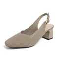 Elegant beige square toe slingback pumps with breathable ribbed texture and chunky heel - Khaki