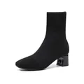 Elegant black knitted sock boots featuring chunky high heels and a square toe design - 35 / Square Toe Chunky Heel Sock Boots / Black