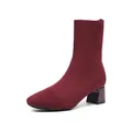 Elegant women's burgundy knitted sock boots with a stylish comfortable chunky mid-heel - 35 / Square Toe Chunky Heel Sock Boots / Burgundy