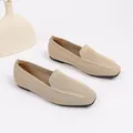 Breathable beige knitted flat shoes with an elegant square toe design for casual wear - Apricot