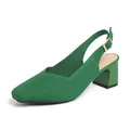 Elegant green knitted square toe slingback sandals with a sturdy block heel. - Green