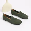 Comfortable dark green breathable knitted square toe flat loafers for women with soft sole - Army Green