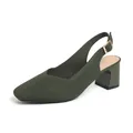 Elegant olive green knitted square toe slingback heels with a stable chunky heel. - Army Green