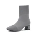 Elegant grey knitted ankle boots with a stylish chunky block heel for women fashion - 35 / Pointed Toe Chunky Heel Sock Boots / Gray