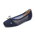 Ballerines en maille bleu marine avec empiècements en résille et nœud noir - Bleu marine