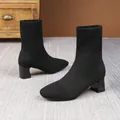 Elegant black elastic knit sock boots with block heel and square toe design - 35 / Black