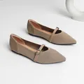Escarpins Mary Jane en maille taupe à bout pointu avec bride décorative à boucle - Kaki