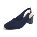 Elegant navy blue knitted square toe slingback sandals with chunky block heels for women - Navy Blue