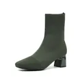 Dunkelgrüne gestrickte Sockenstiefeletten für Damen mit Blockabsatz und Mesh-Design - Armeegrün