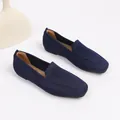 Elegant dark blue knit square toe flat loafers for women with breathable woven texture - Navy Blue