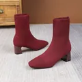 Elegant burgundy stretch knit sock boots with block heel and comfortable square toe design - 35 / Burgundy