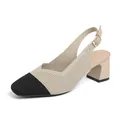 Elegant two-tone square toe knitted slingback chunky heel sandals for women - Black Apricot