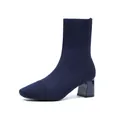 Elegante marineblaue Strick-Stiefeletten für Damen mit einem bequemen mittelhohen Blockabsatz - Marineblau
