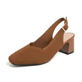 Elegant brown knit square toe block heel slingback pumps for women with a buckle strap - Chocolate
