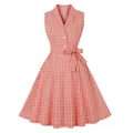 Vintage 50s pink plaid sleeveless cotton dress with notched lapel and tie-waist detail - S / Dresses / Pink