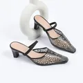 Elegant black pointed-toe mule heels with sparkling rhinestones and mesh design details. - 35 / Black