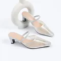 Elegant silver pointed-toe kitten heel mules with hollow out rhinestone detailing for women - 35 / White
