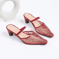 Elegant red rhinestone square-toe mule heels with laser-cut floral hollow design - 35 / Red