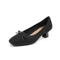 Elegant black knitted square toe low block heel pumps with bow detail for women - 35 / Black