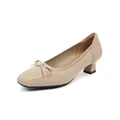 Elegant beige knitted square-toe pumps featuring bow detail and chunky low heel - 35 / Apricot