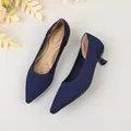 Elegant navy blue pointed-toe knitted pumps with slender kitten heels for office wear - 35 / Navy Blue
