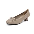 Eleganti décolleté in maglia beige con punta quadrata, fiocco e comodo tacco a blocco - Kaki