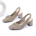 Κομψά χακί πλεκτά πέδιλα slingback με κόμπο και άνετο τετράγωνο χοντρό τακούνι - Χακί