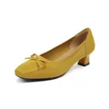 Eleganti décolleté in maglia giallo senape con tacco basso, punta quadrata e fiocco - Giallo