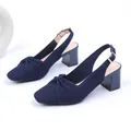 Ναυτικό μπλε πλεκτά πέδιλα slingback με χοντρό τακούνι και κομψή λεπτομέρεια φιόγκου - Σκούρο μπλε