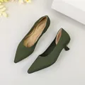 Elegant olive green pointed-toe knitted kitten heels featuring a textured breathable upper. - 35 / Army Green