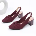 Κομψά μπορντό πλεκτά πέδιλα slingback με φιόγκο και πολύ άνετο χοντρό τακούνι. - Μπορντό