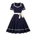 Vintage navy blue French midi dress with white contrast trim and waist bow belt. - S / Dresses / Navy Blue