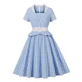 Vintage blue and white gingham short sleeve dress with white collar and matching belt - S / Dresses