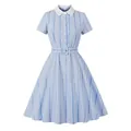Vintage 1950s style blue and white gingham flared dress with white Peter Pan collar - S / Dresses / Light Blue
