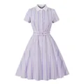 Vintage purple gingham short sleeve A-line dress with white collar and matching belt - S / Dresses / Light Purple