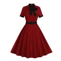 Vintage burgundy mid-length A-line dress with black bow tie and belt detail - S / Dresses / Burgundy