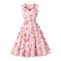 Élégante robe midi vintage française à fleurs roses avec des nœuds sur les épaules - S / Robes / Motif Floral Rose