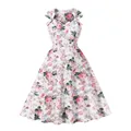 Robe midi vintage à fleurs françaises, imprimé roses roses et détails de nœuds - S / Robes / Fleur rose avec feuille verte