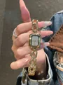 Elegant women's rectangular gold watch featuring a stylish chain link bracelet strap. - Gold Grey