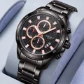 Reloj cronógrafo de cuarzo para hombre con correa de acero negro y fecha - Negro