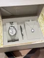 Detail view of ladies silver quartz watch, bracelet, and necklace in a premium gift box - Watch Only / Silver White