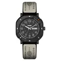 Modern black quartz watch featuring a canvas strap and day-date calendar display - Black