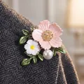 Elegante broche de flores de esmalte rosa y blanco con perla en punto gris. - Estilo de margarita con perla (XD824054-2) / Rosa