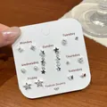 Set of 7 pairs silver stud earrings with stars hearts and butterfly designs for daily wear - Shooting Star Cat Style (BMW7)