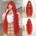 Long wavy bright red wig with bangs, super long water wave synthetic hair for cosplay - Fiery Red
