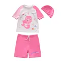 Dreiteiliges Meerjungfrau-Badeanzug-Set für Mädchen mit rosa Rashguard und Bademütze - L (90-100cm, 26-32) / Set / Rosa Raglanärmel