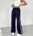Schwarze High-Waist-Sweathose mit weitem Bein, Seitenstreifen und Kordelzug. - S / Saphirblau